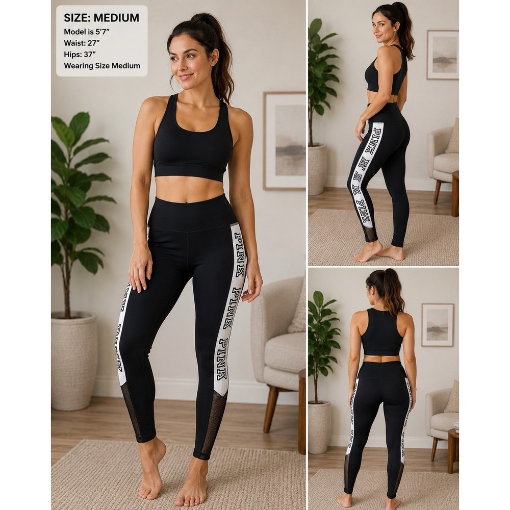 Victoria's Secret PINK Ultimate Leggings M Black White Logo Mesh Athletic -3680
